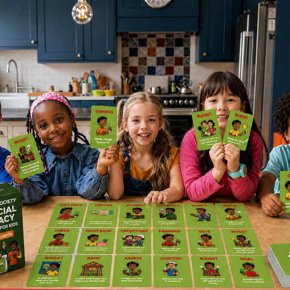 Children holding financial literacy flashcards in a kitchen setting