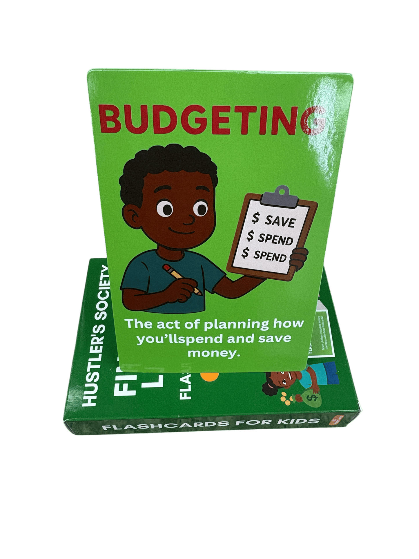 Financial literacy flashcards by Hustlers Society featuring colorful cards with financial terms and concepts for learning and study.