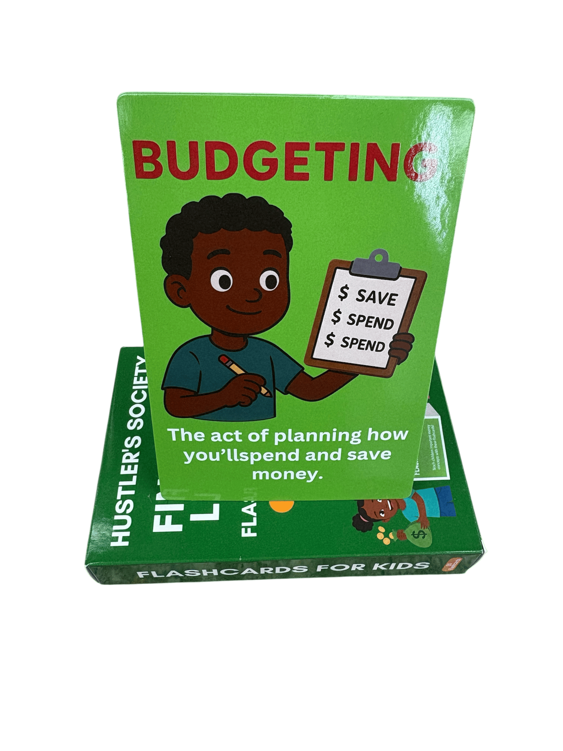 Financial literacy flashcards by Hustlers Society featuring colorful cards with financial terms and concepts for learning and study.
