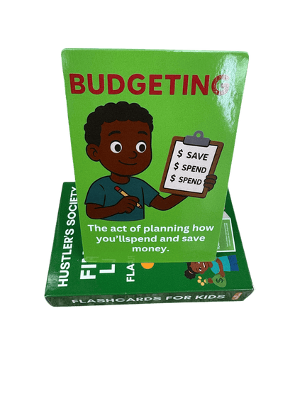 Financial literacy flashcards by Hustlers Society featuring colorful cards with financial terms and concepts for learning and study.