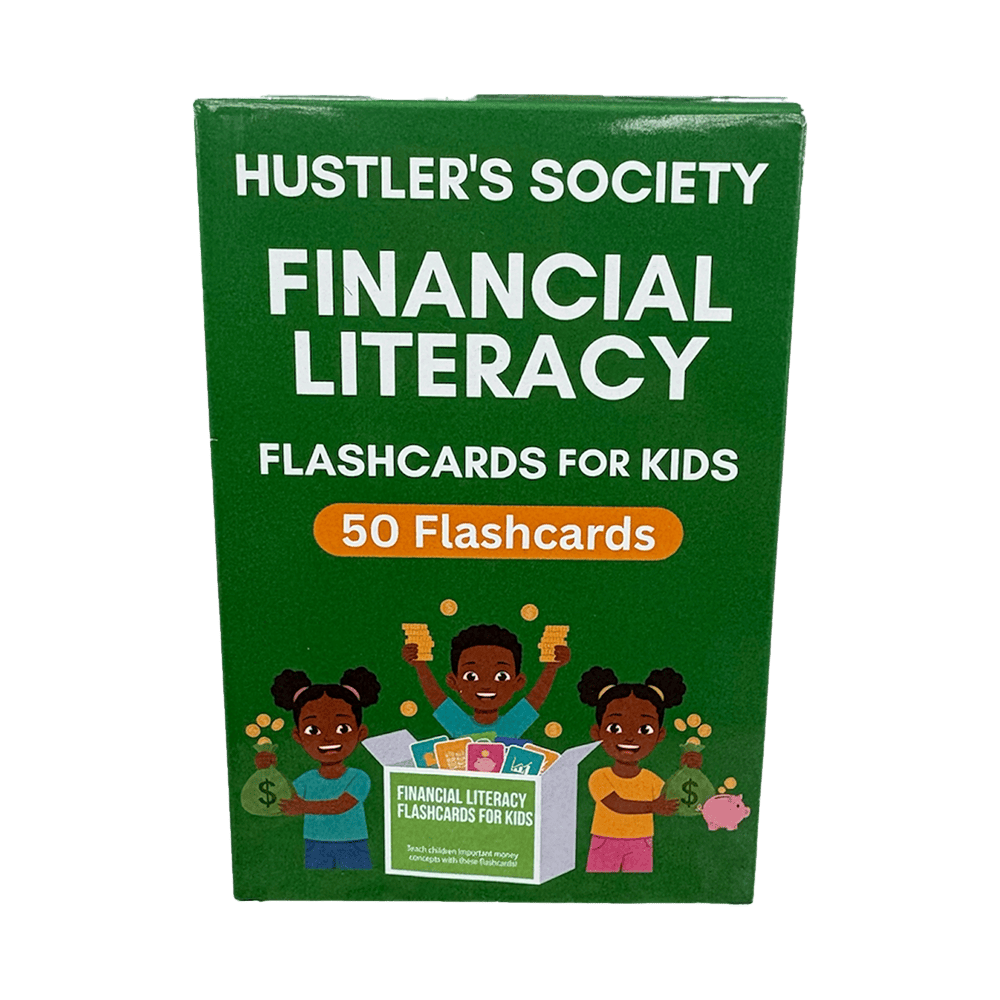 Financial Literacy flashcards by Hustlers Society featuring colorful cards with financial terms and concepts for learning.
