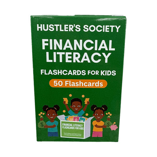 Financial Literacy flashcards by Hustlers Society featuring colorful cards with financial terms and concepts for learning.