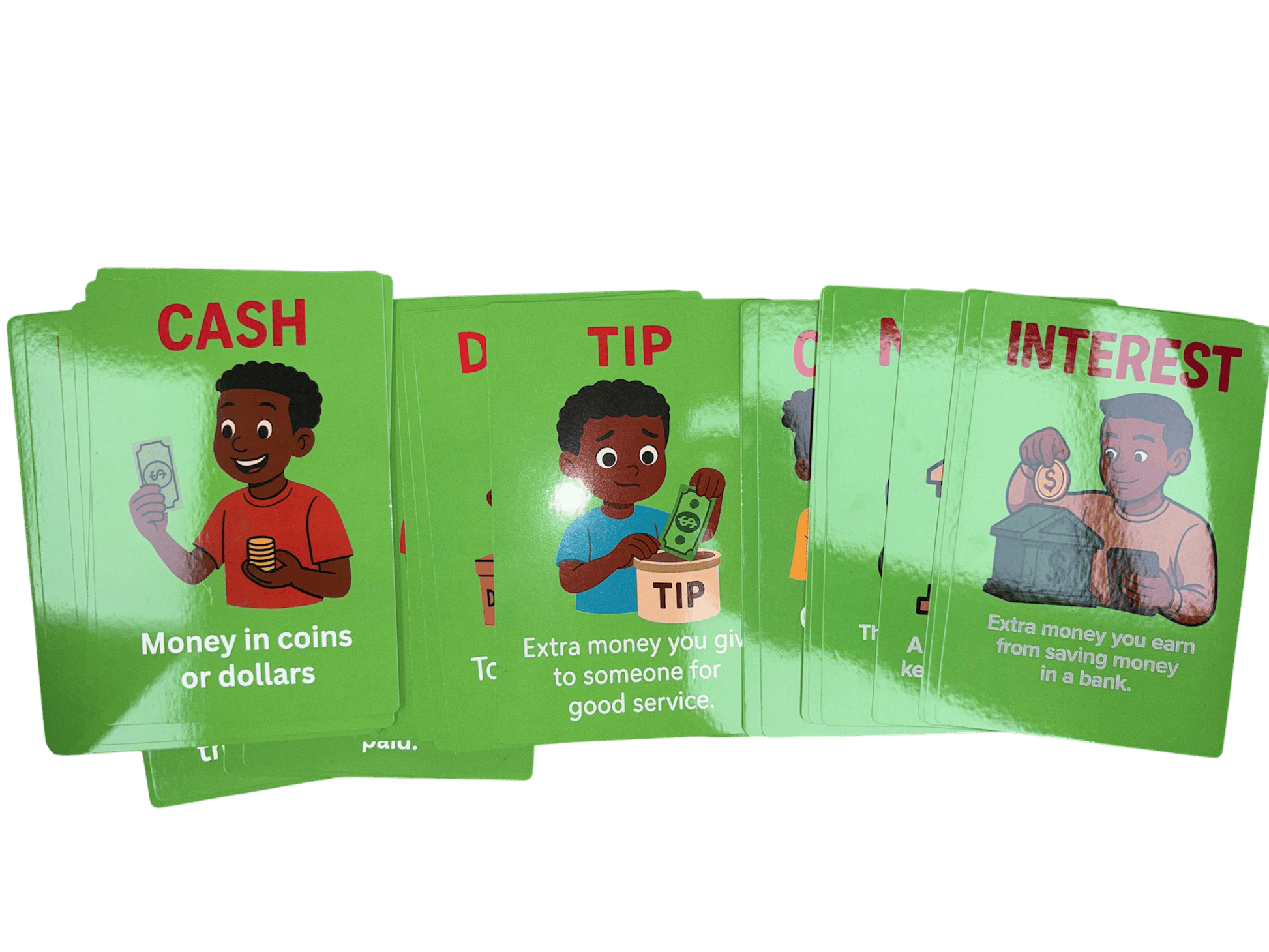 Financial literacy flashcards by Hustlers Society showing colorful cards with financial terms and concepts for learning and practice.